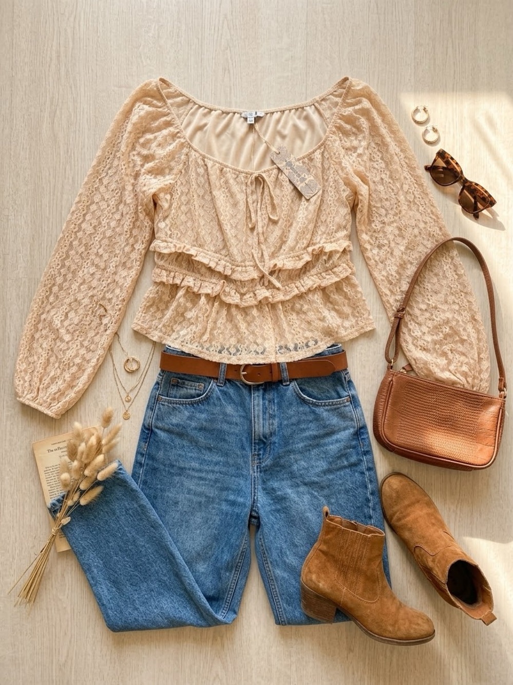 Iris Basic Beige Lace Ruffle Peasant Blouse Sz M NWT